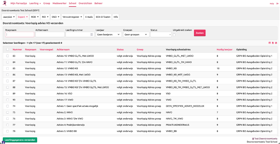 Klik op leerlinggegevens verzenden