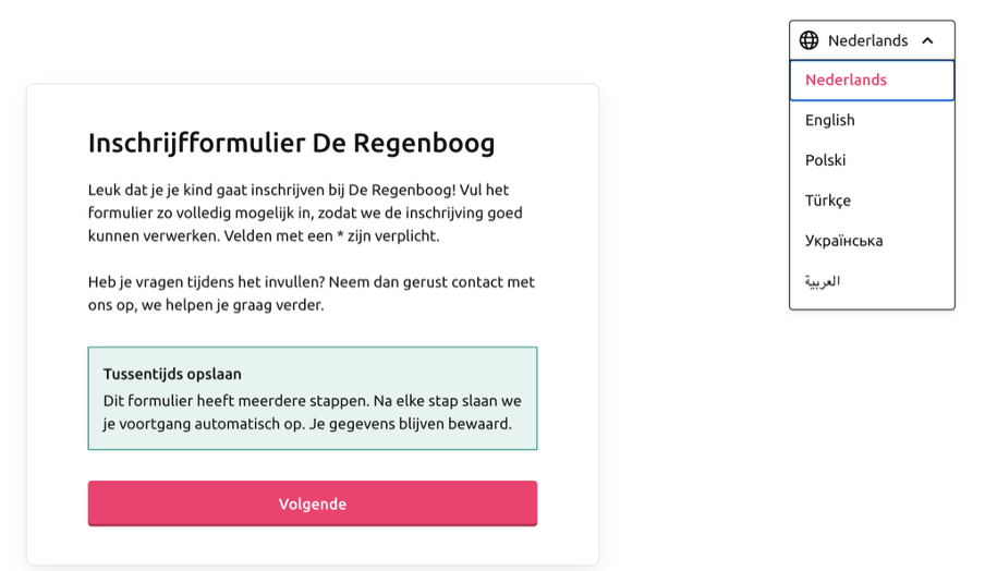 Vertaal het digitale inschrijfformulier voor basisschool naar verschillende talen