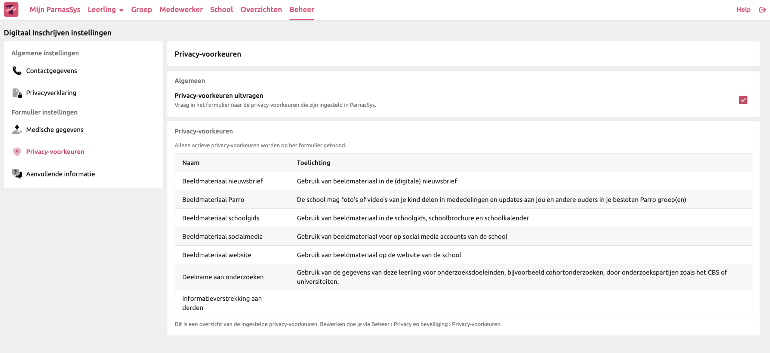Privacy-voorkeuring in de beheerinstellingen van Digitaal Inschrijven