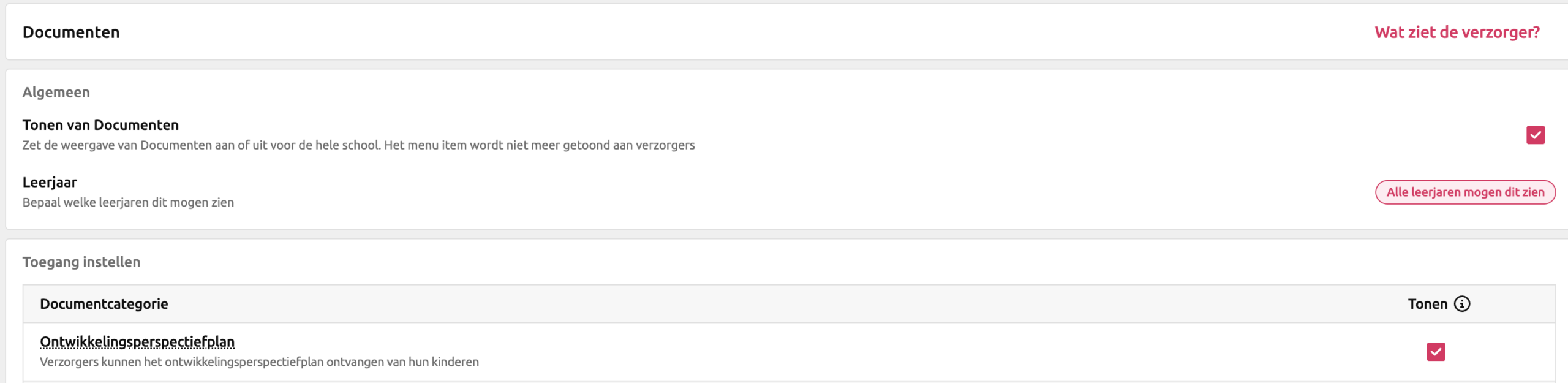 Beheerinstellingen Parro Portaal - staat het vinkje aan voor het tonen van het OPP